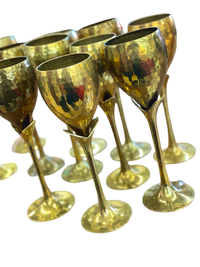 Set of 11 Hammered Brass "Tulip" Wine Glasses