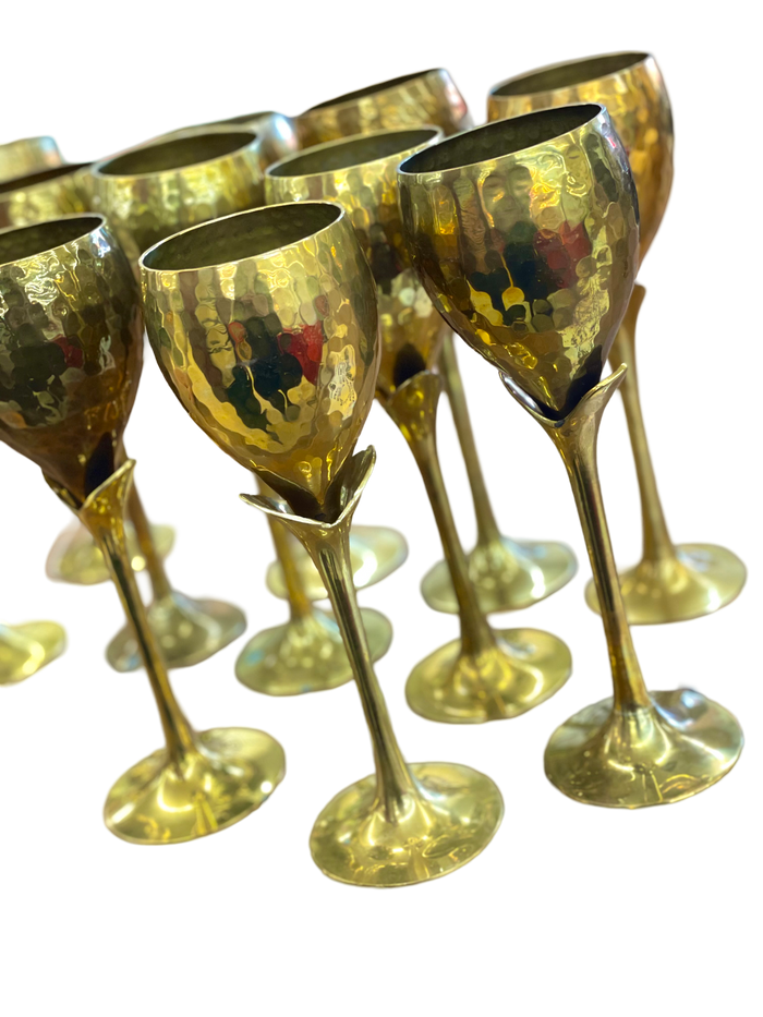 Set of 11 Hammered Brass "Tulip" Wine Glasses