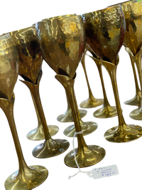 Set of 11 Hammered Brass "Tulip" Wine Glasses