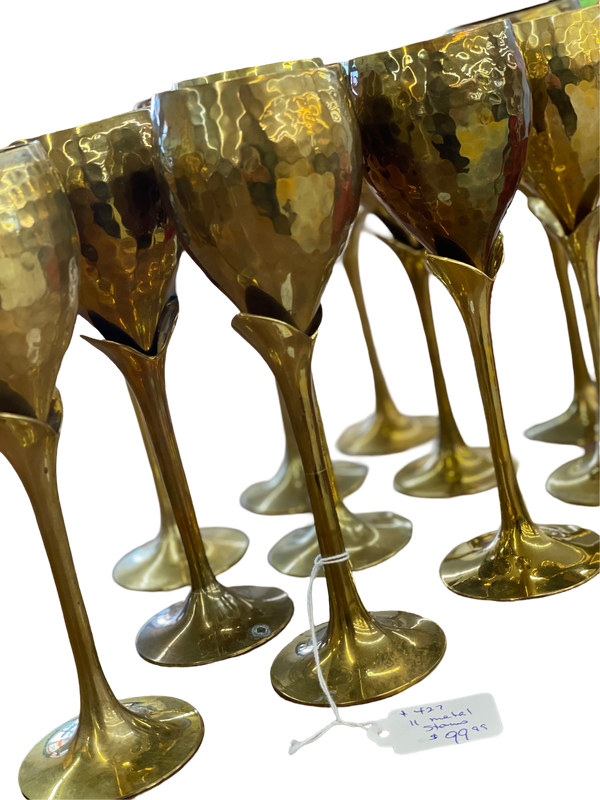Set of 11 Hammered Brass "Tulip" Wine Glasses
