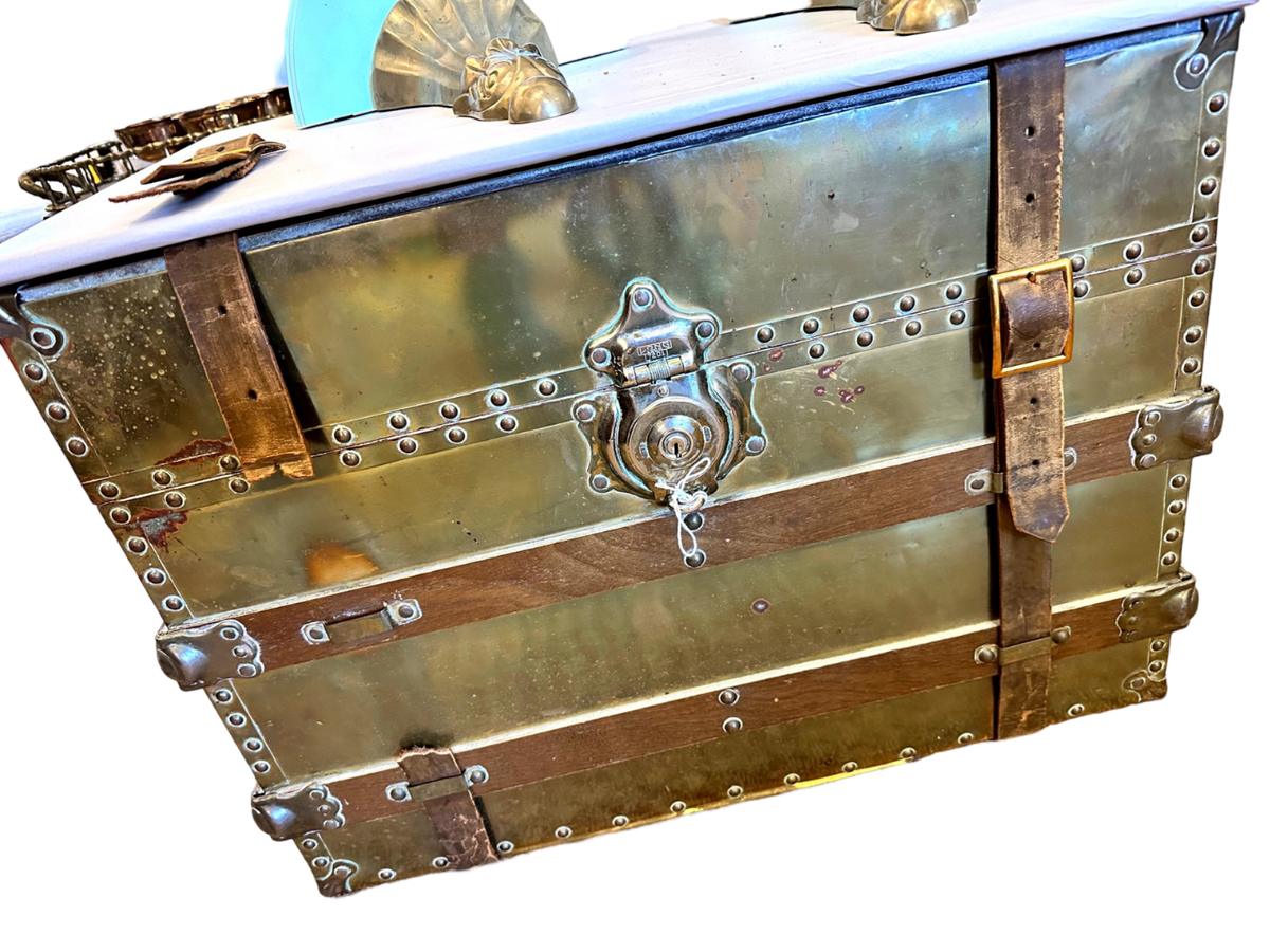 Brass Trunk w/ Leather Strap & Glass Top