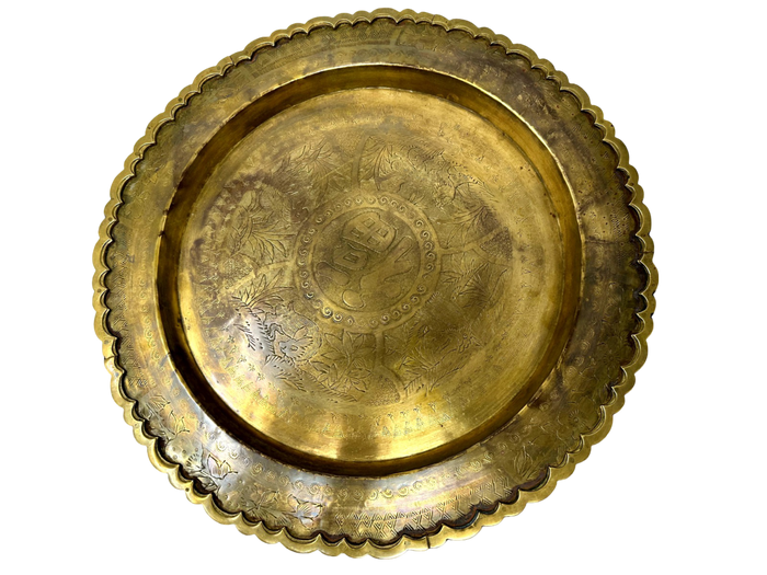 Moroccan Round Brass Tray with Etching