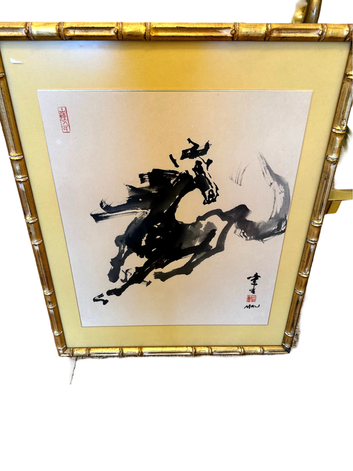 Japanese Horse watercolor in bamboo frame, signed