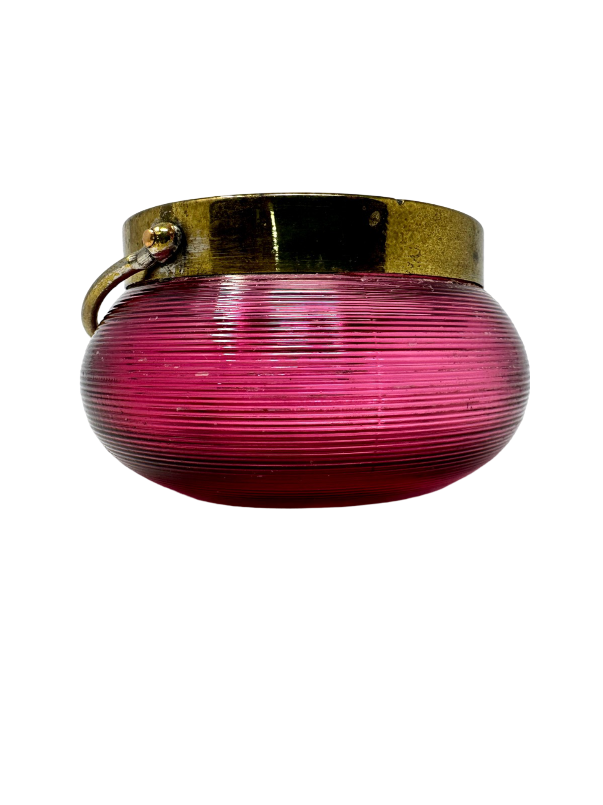 Round Cranberry Rbbed Sugar Bowl w/ Brass Rim & Handle