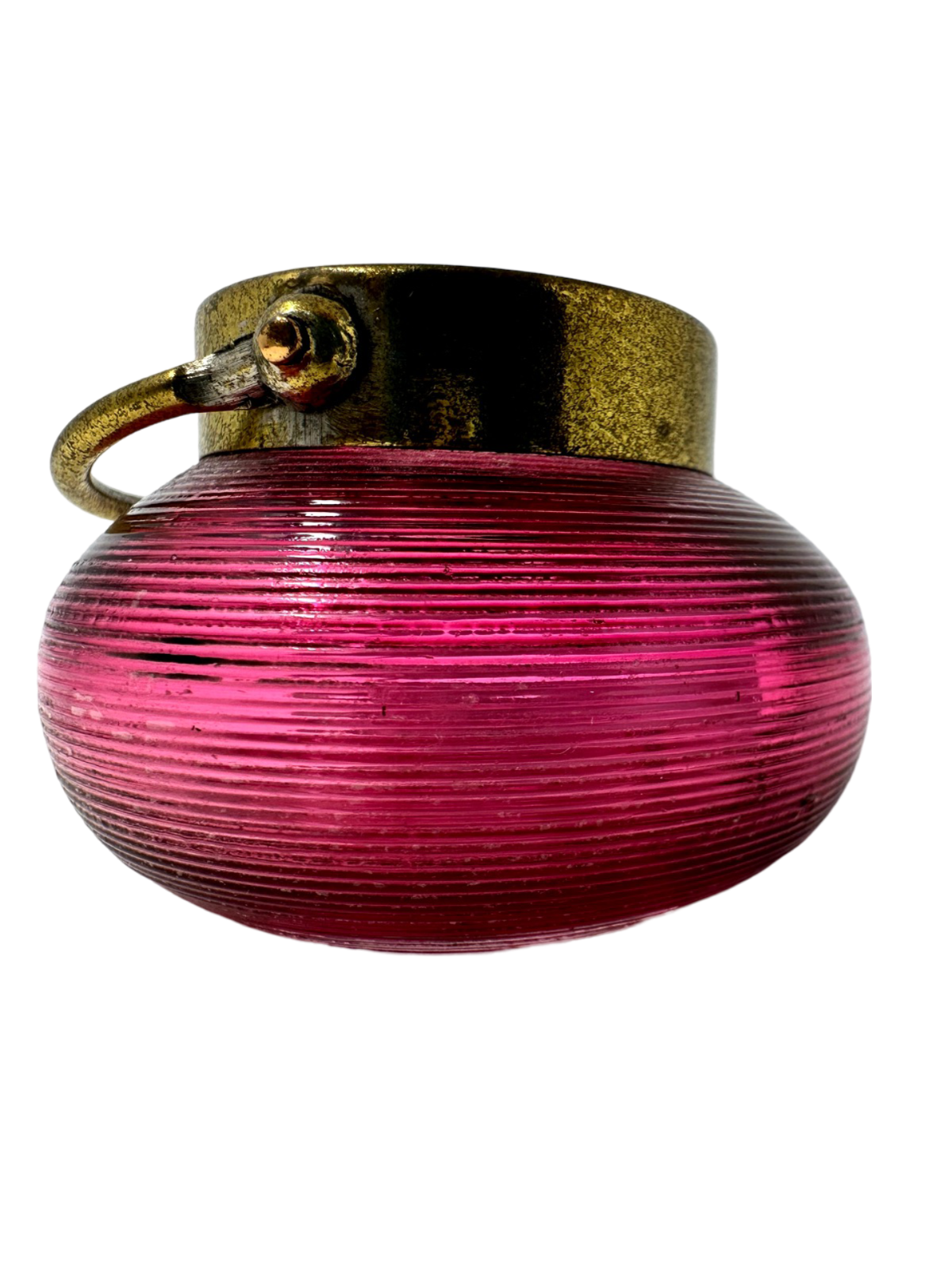 Round Cranberry Ribbed Toothpick Bowl w/ Brass Rim & Handle