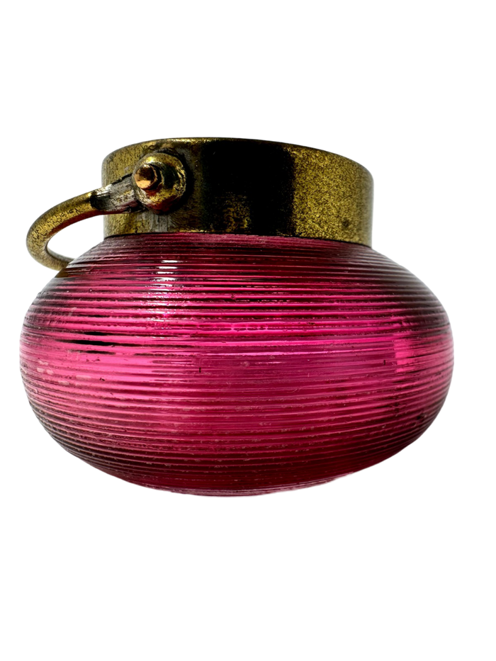 Round Cranberry Ribbed Toothpick Bowl w/ Brass Rim & Handle