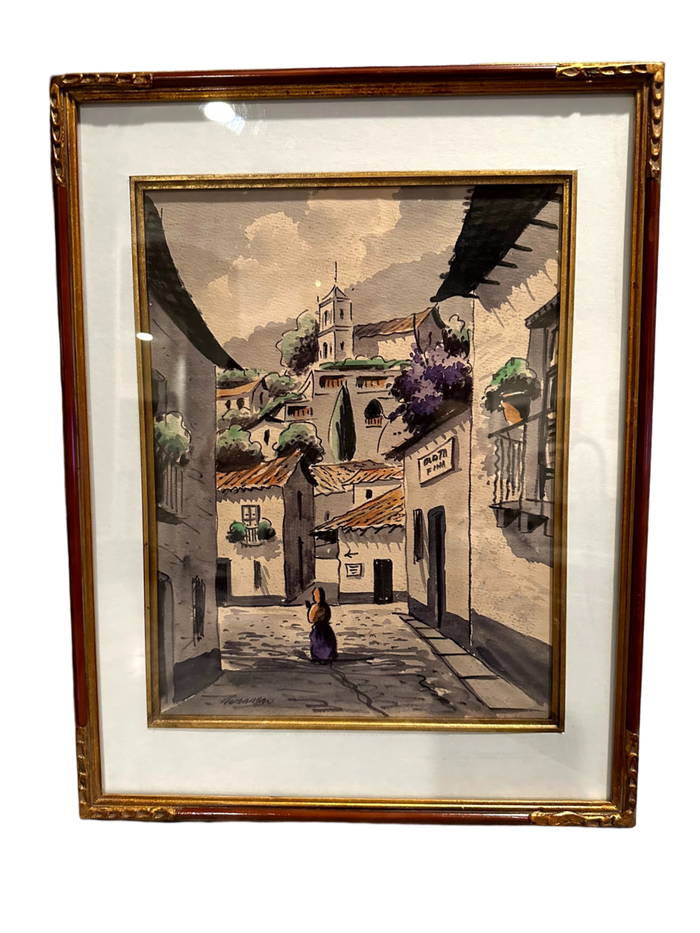 Vintage Village Scene watercolor by Max Vidal