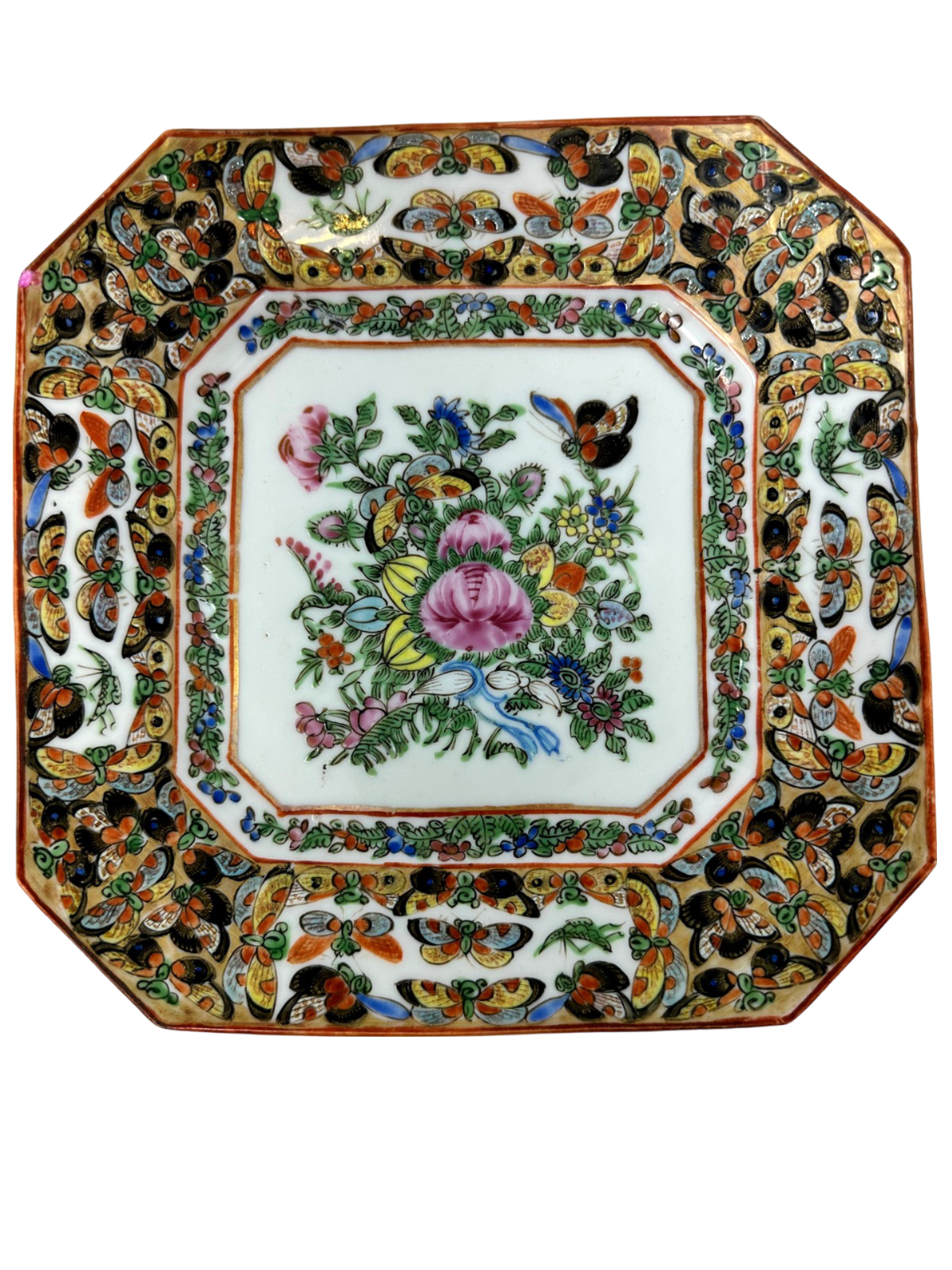 Rose Canton Square 7.5" plate, w/ 1000 Butterflies c.1920