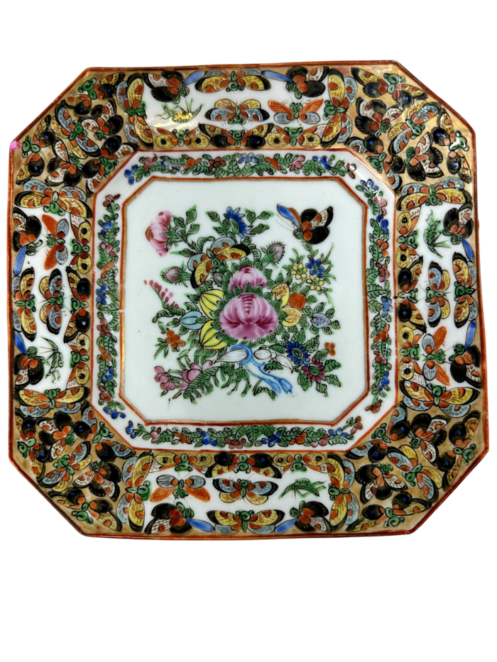 Rose Canton Square 7.5" plate, w/ 1000 Butterflies c.1920