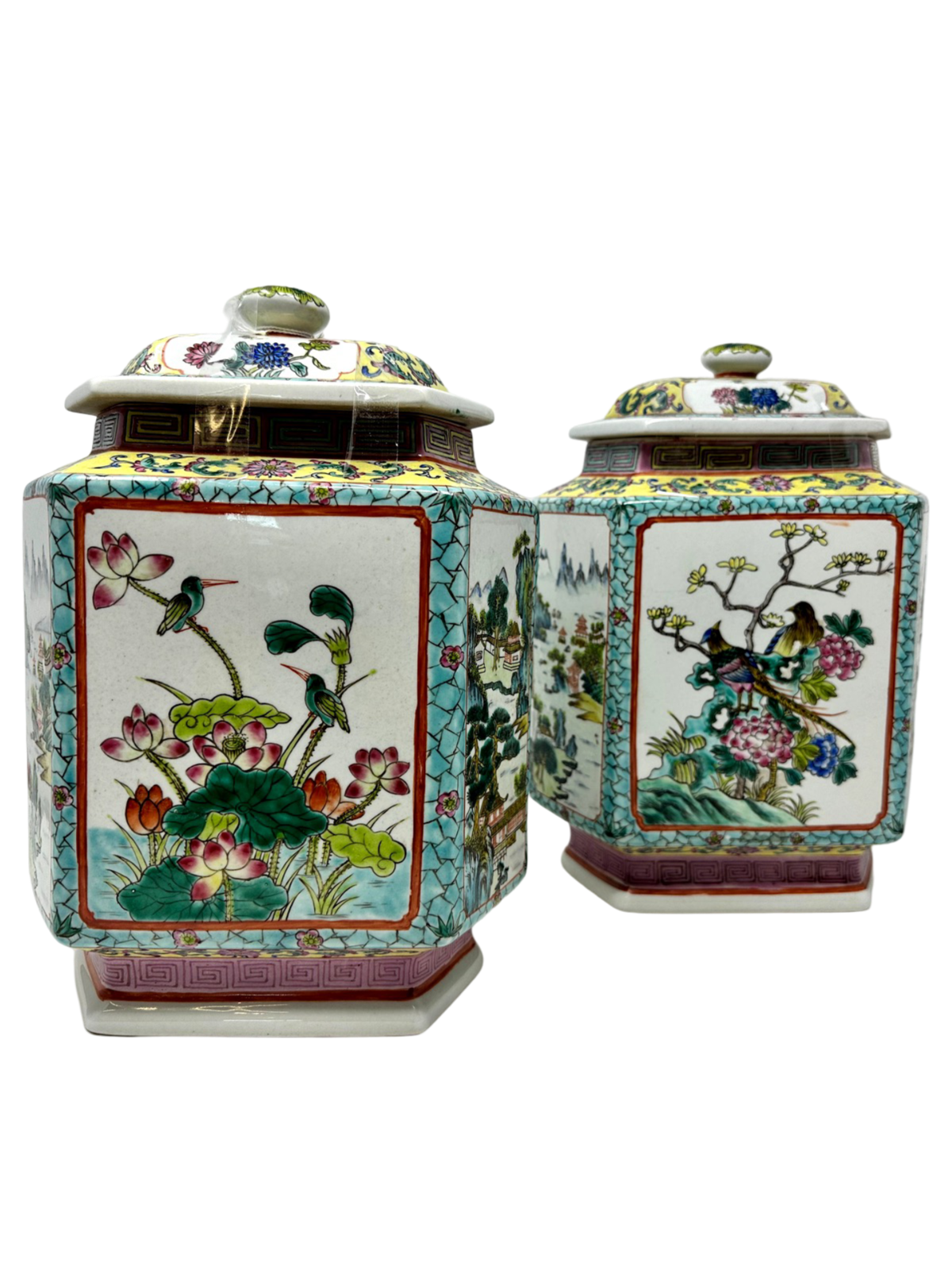 Pair of Vintage Chinese Rectangular Ginger Jars, 11.5 x8.5 x 5.5