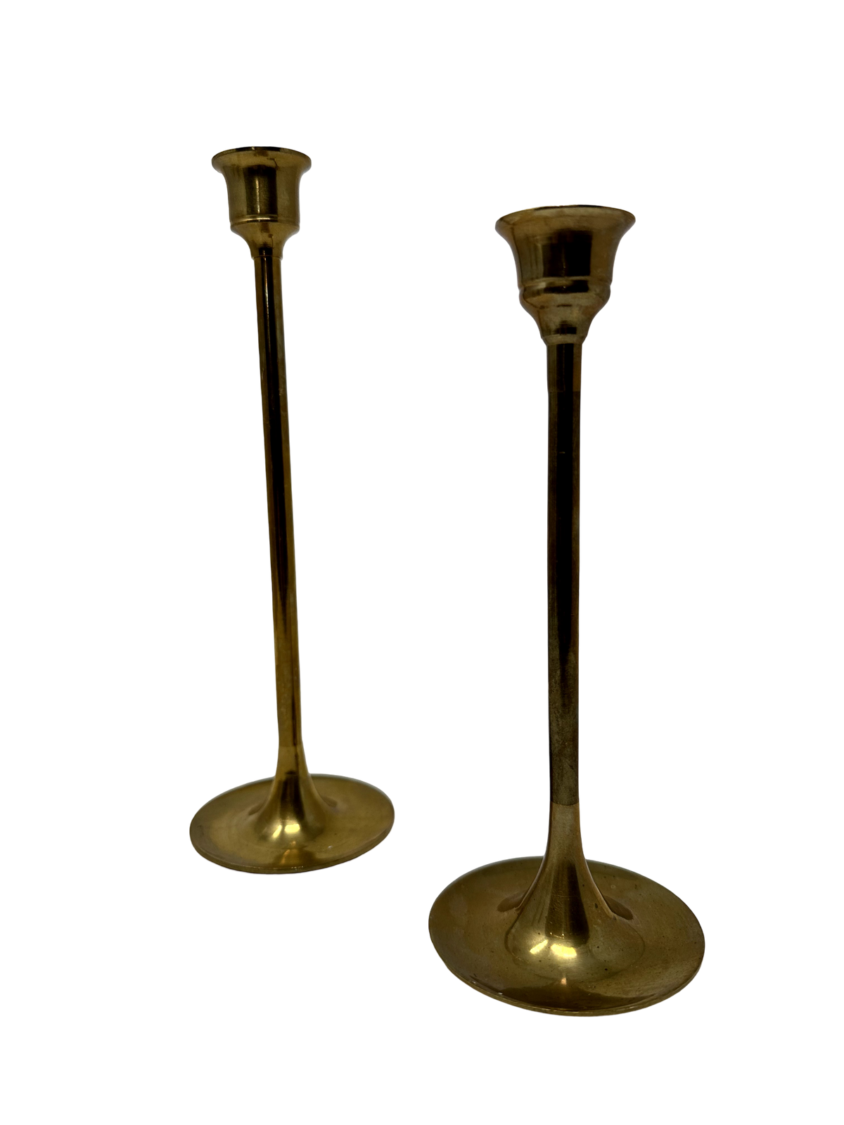 Pair of Danish MCM Brass 10" & 12" Candlesticks