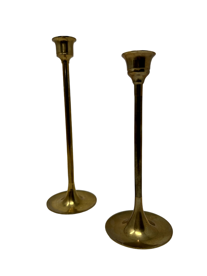Pair of Danish MCM Brass 10" & 12" Candlesticks