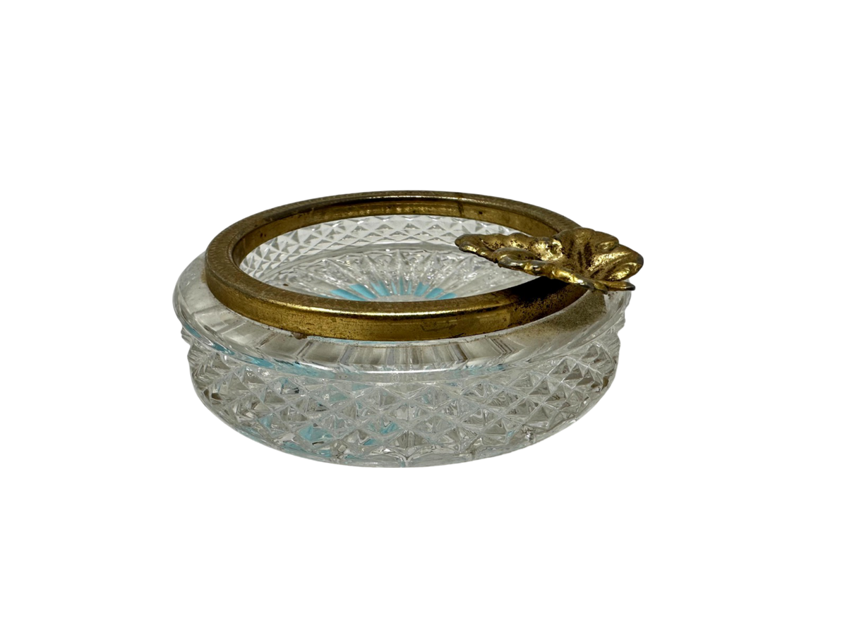 Clear Facted Crystal Ashtray w/ Brass trim & leaf