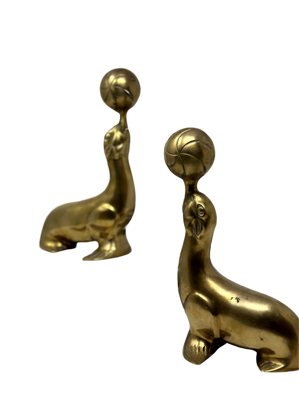 Pair of Mid Century Brass Seal Lions