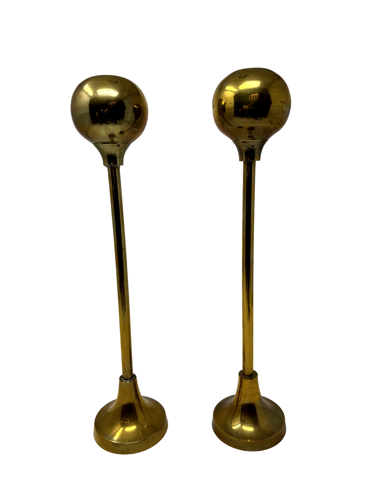 Pair of 13.5" Mid Century Brass Sphere-shaped Candlesticks