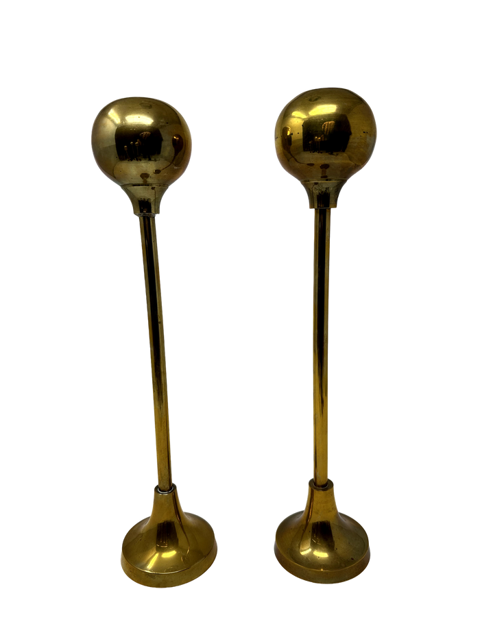 Pair of 13.5" Mid Century Brass Sphere-shaped Candlesticks