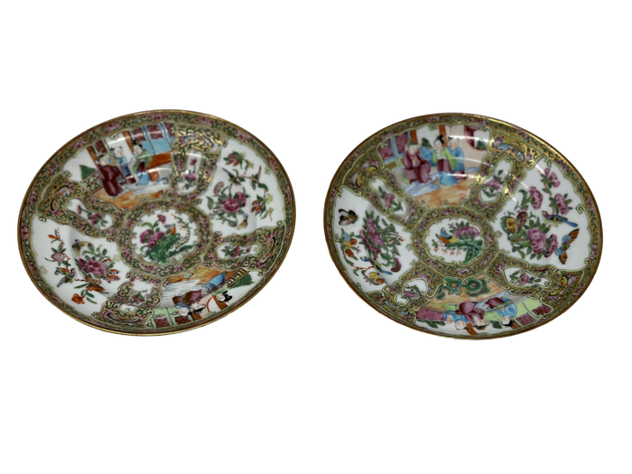 Pair of Rose Medallion Desert plates, A+ detail