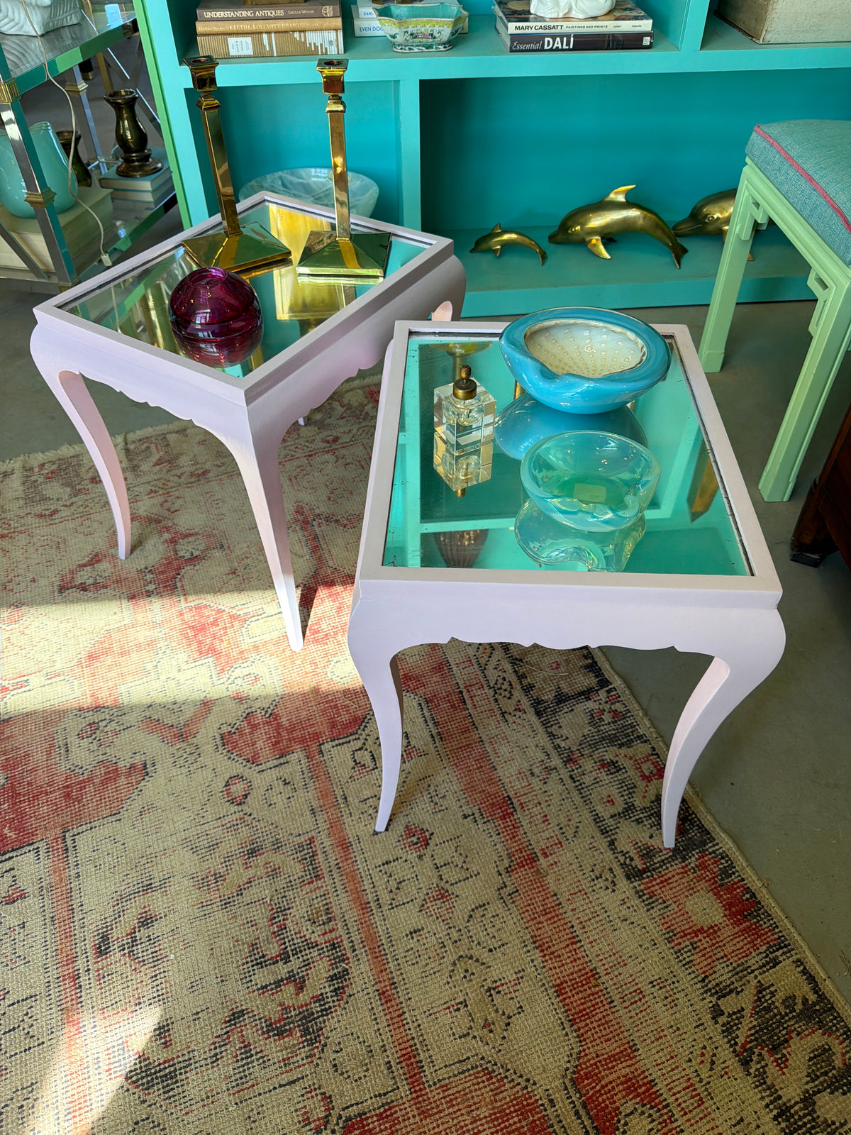 Pair of Mirrored Top Wood Side Tables, Lilac