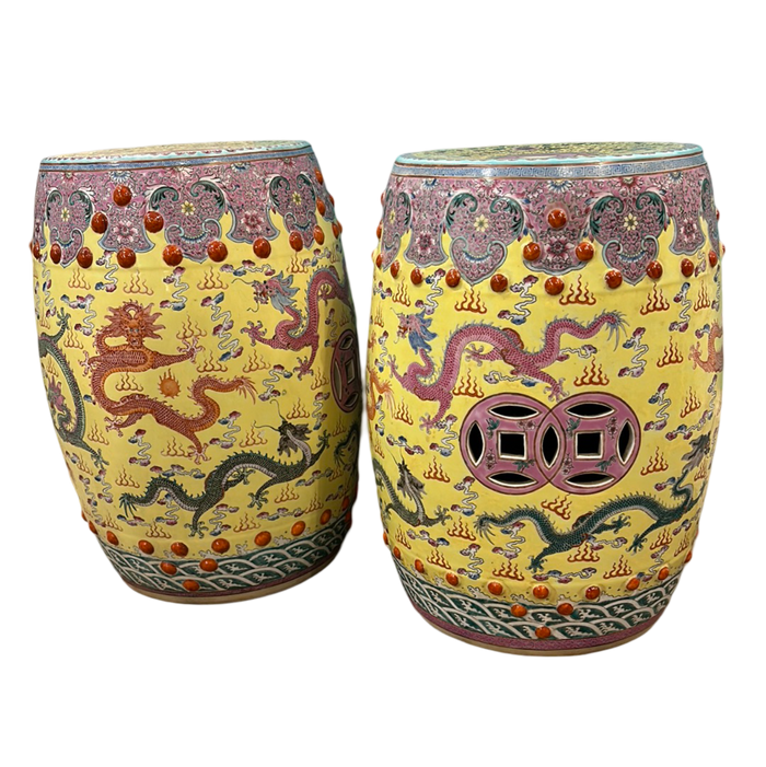 Pair of Chinese Vintage Garden Stools, yellow