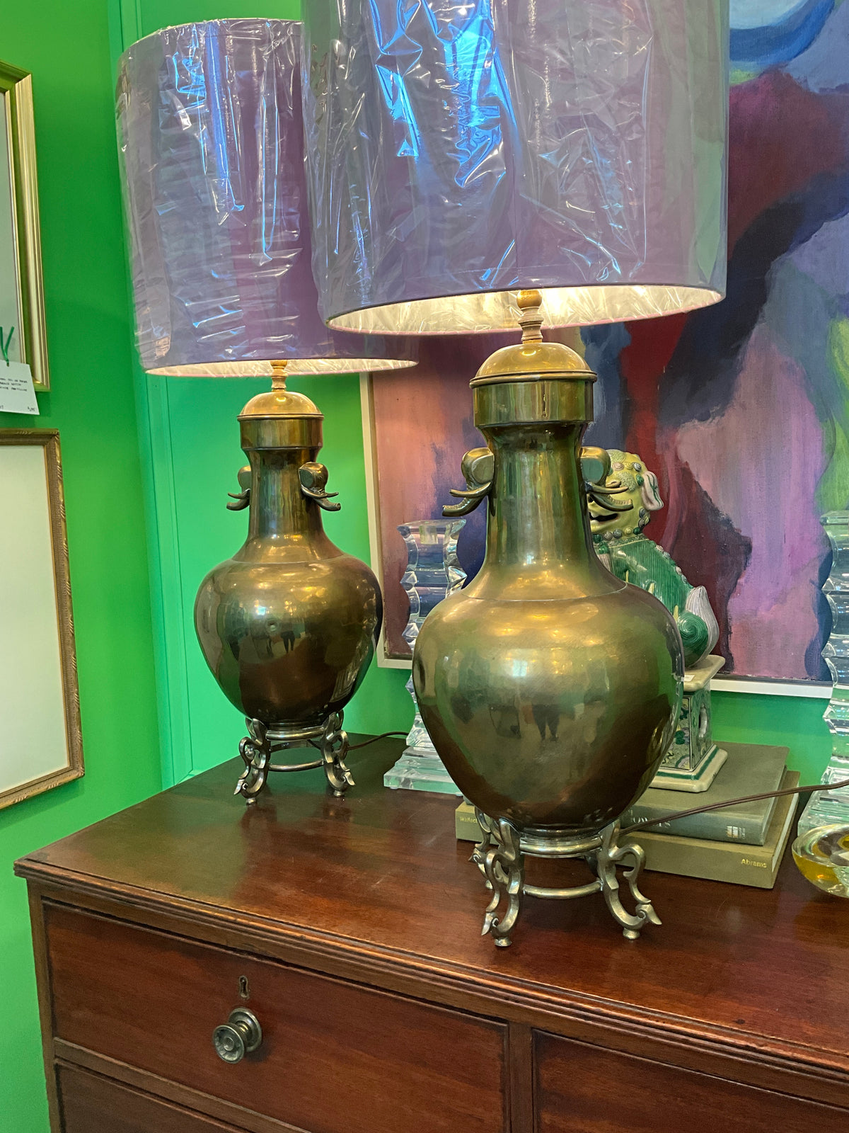 Pair of Brass Lamps w/ Elephant Handles