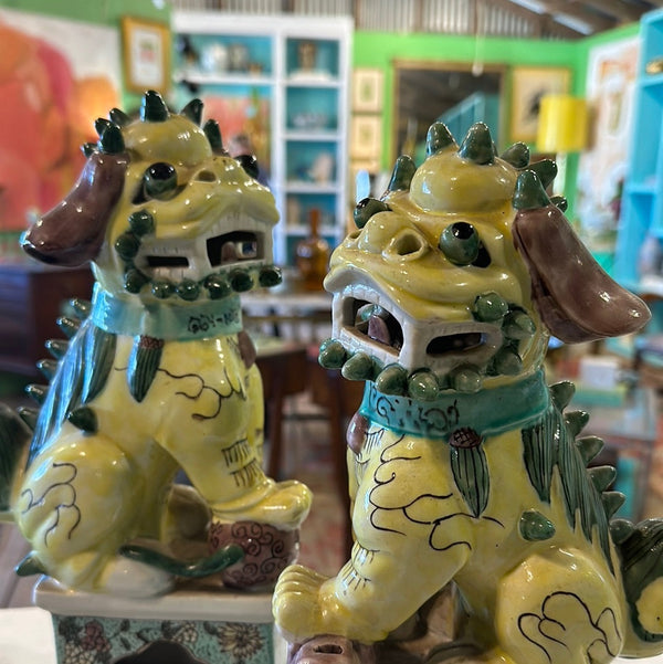 Pair of Yellow & Aqua Polychrome Foo Dogs, 12" & 11.5"