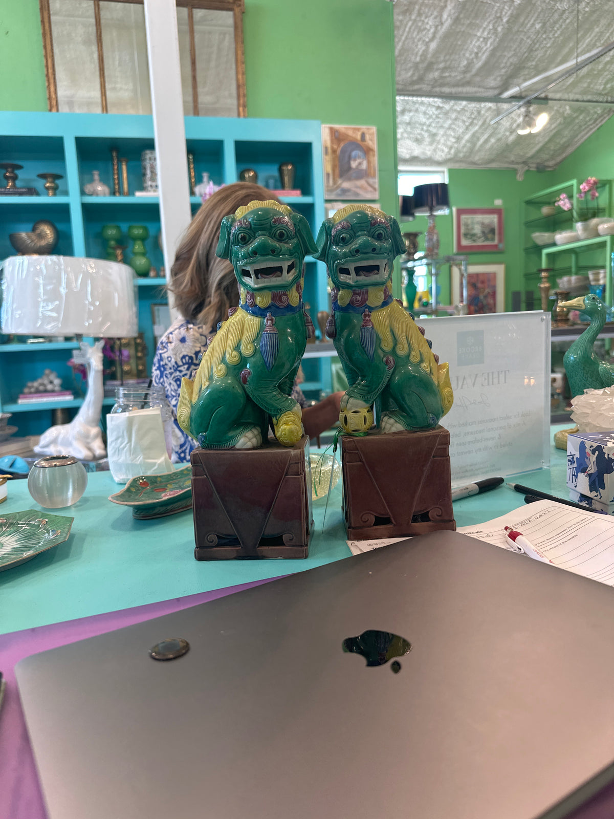 Pair of 12" Yellow & Aqua Polychrome Foo Dogs