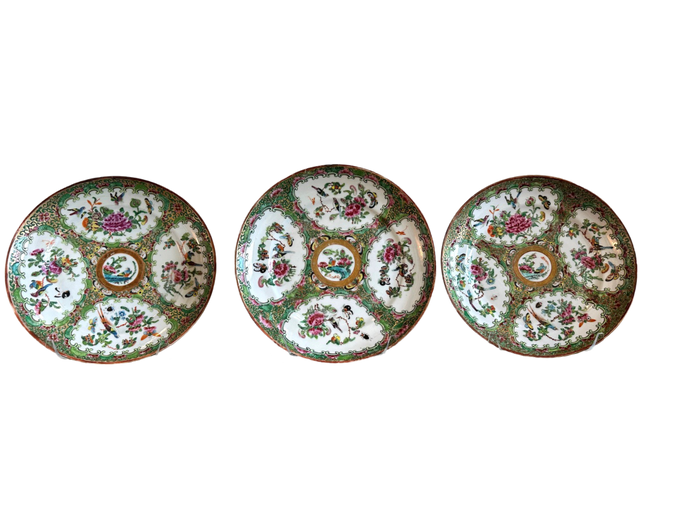 Set of 3 Rose Canton 8.5" Plates, Great Gold Leaf