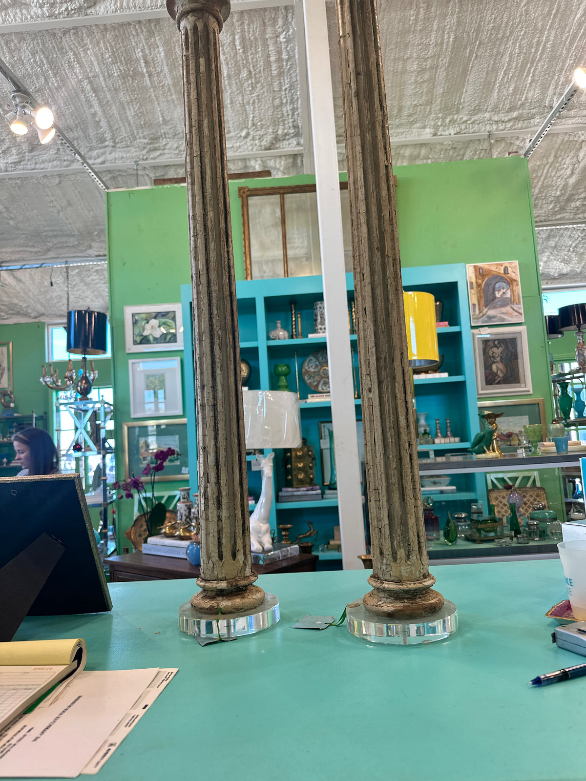 Pair of wood column fragments on acrylic base