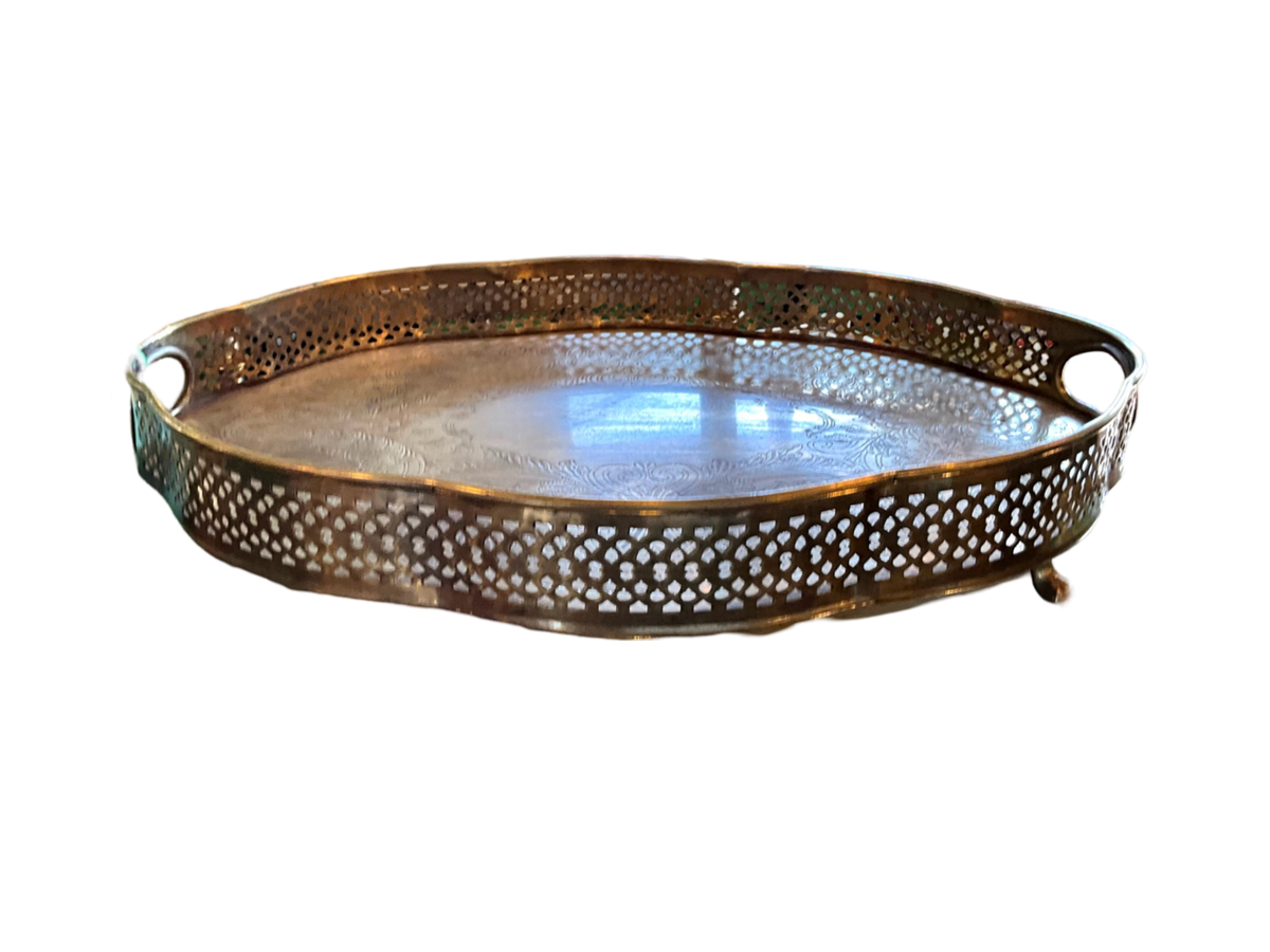 Brass Oval Gallery Tray w/ lion’s feet & pierced sides