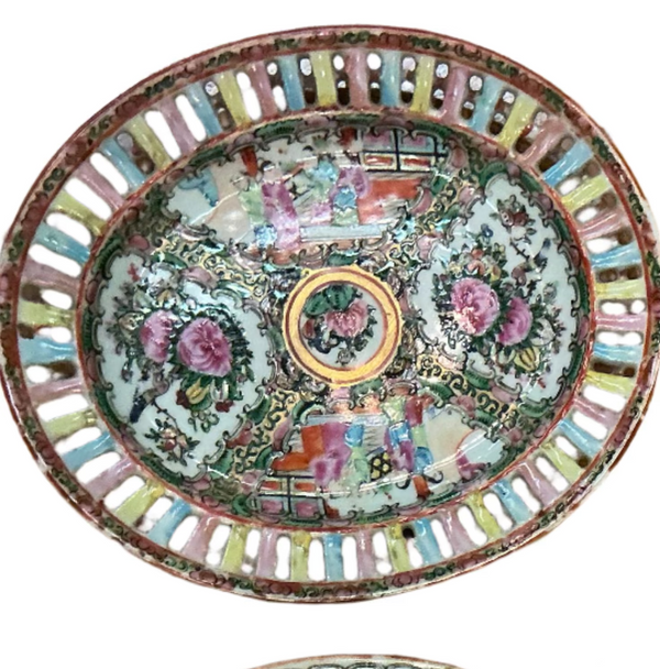 Rose Medallion Reticulated oval bowl w/ underplate