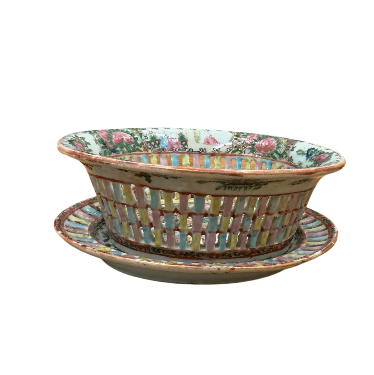 Rose Medallion Reticulated oval bowl w/ underplate