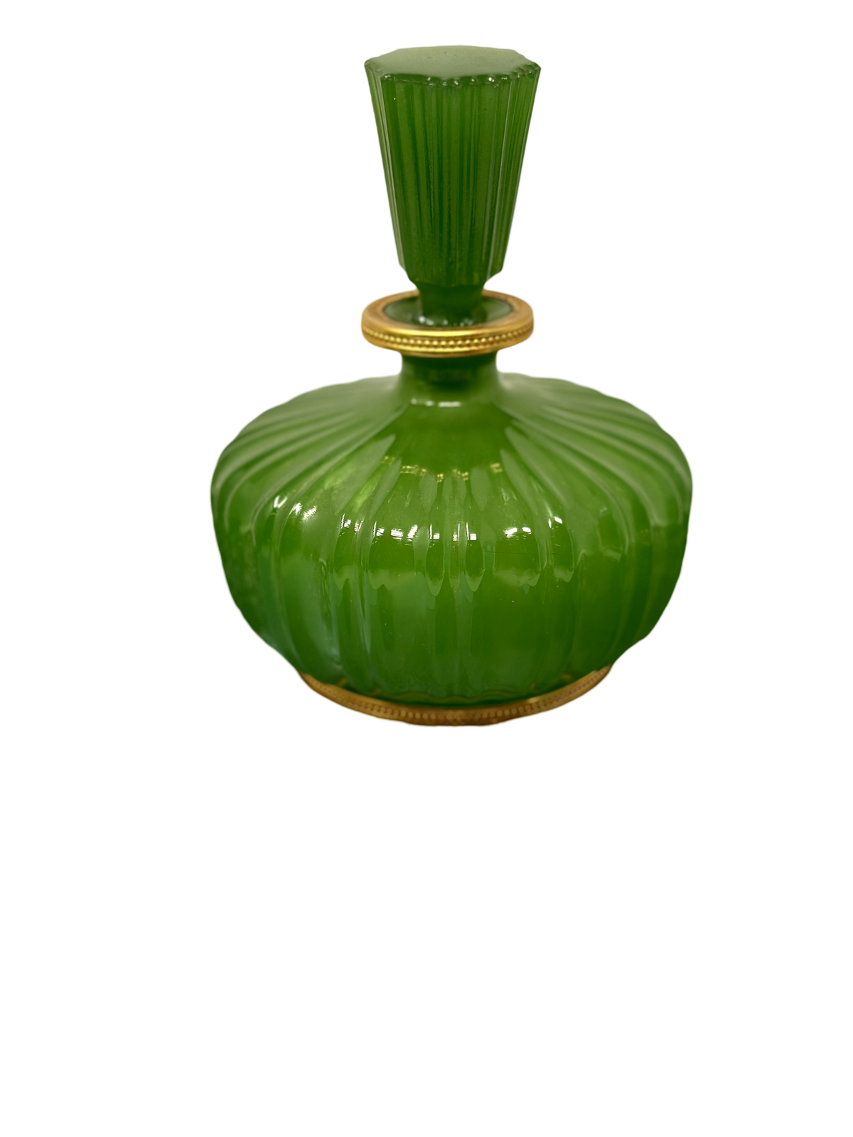 Emerald Green Italian Opaline Nason Fluted Perfume Bottle w/ Brass Trim