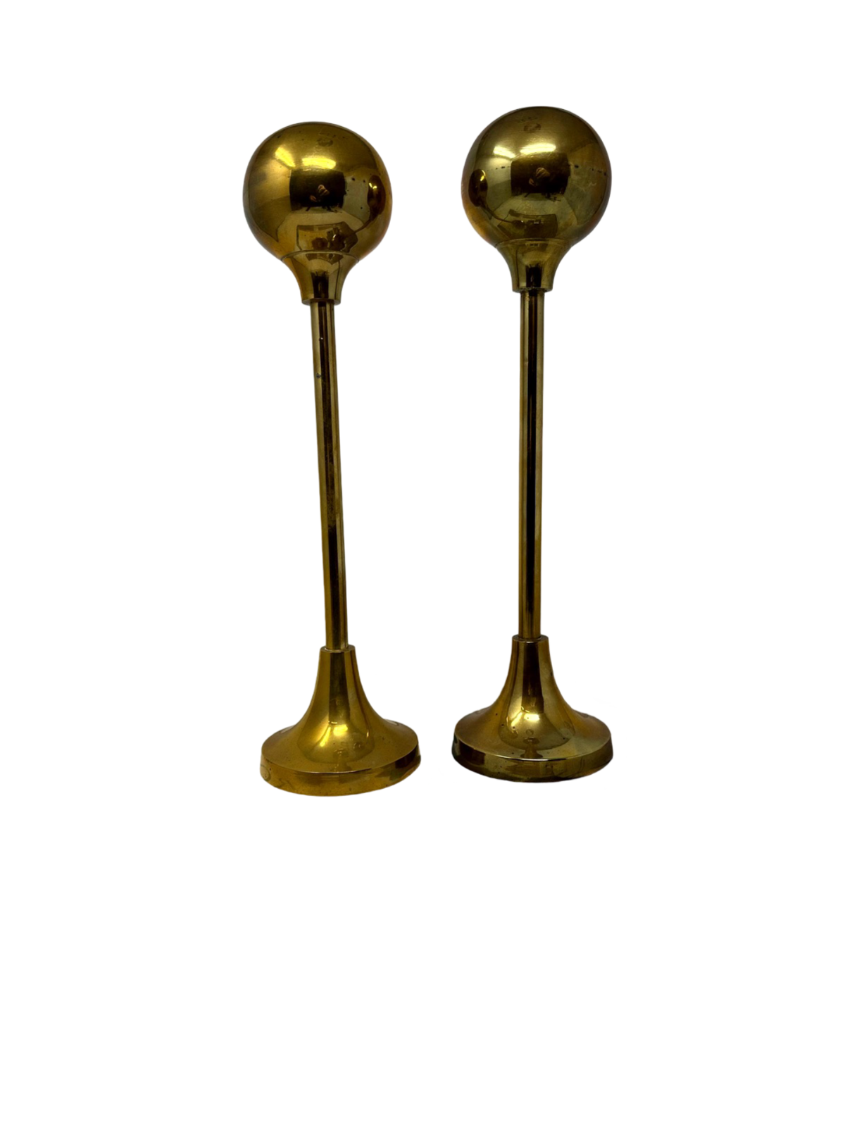 Pair of 13.5" Mid Century Brass Sphere-shaped Candlesticks