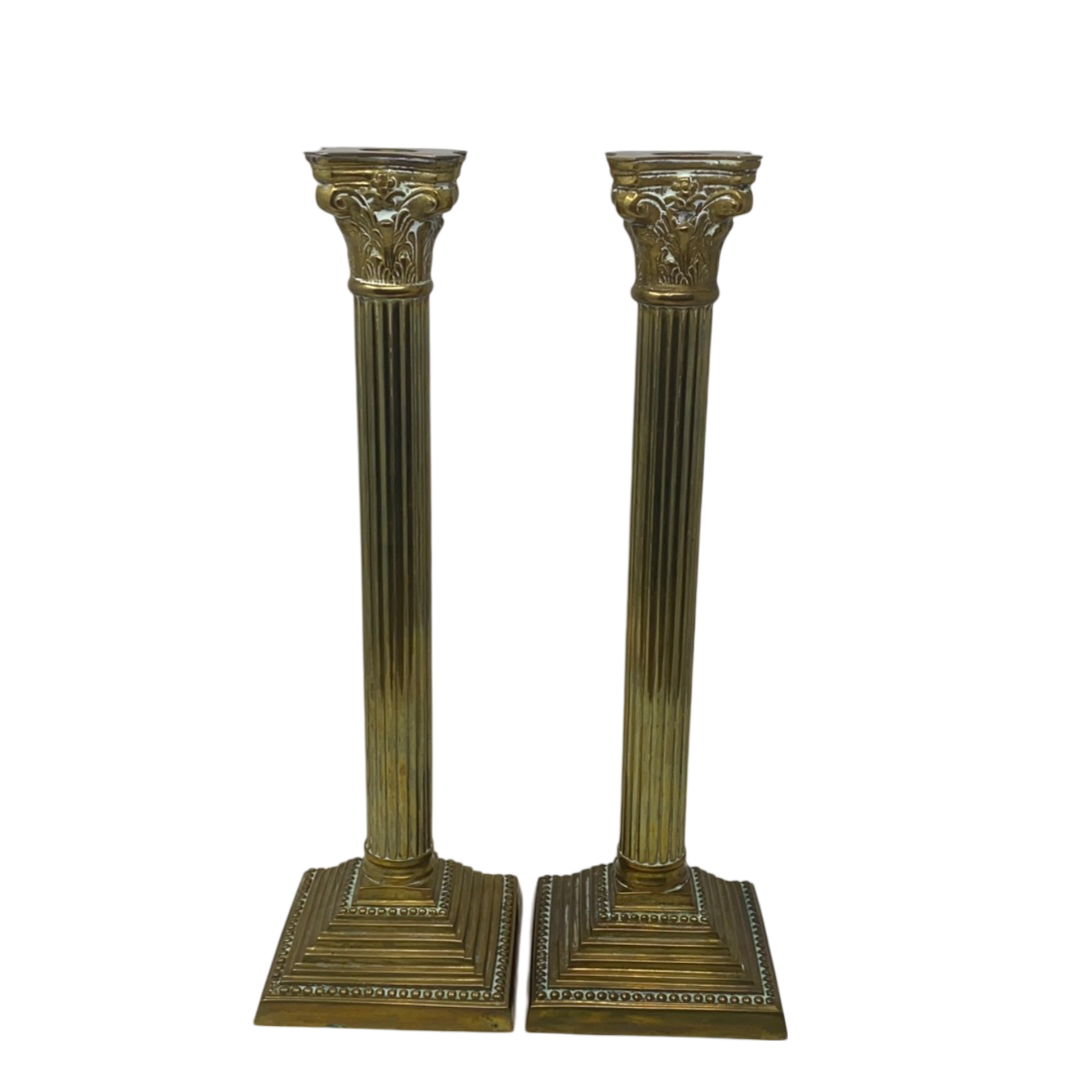 Pair of 14.5" Brass Corinthian Column Candlesticks