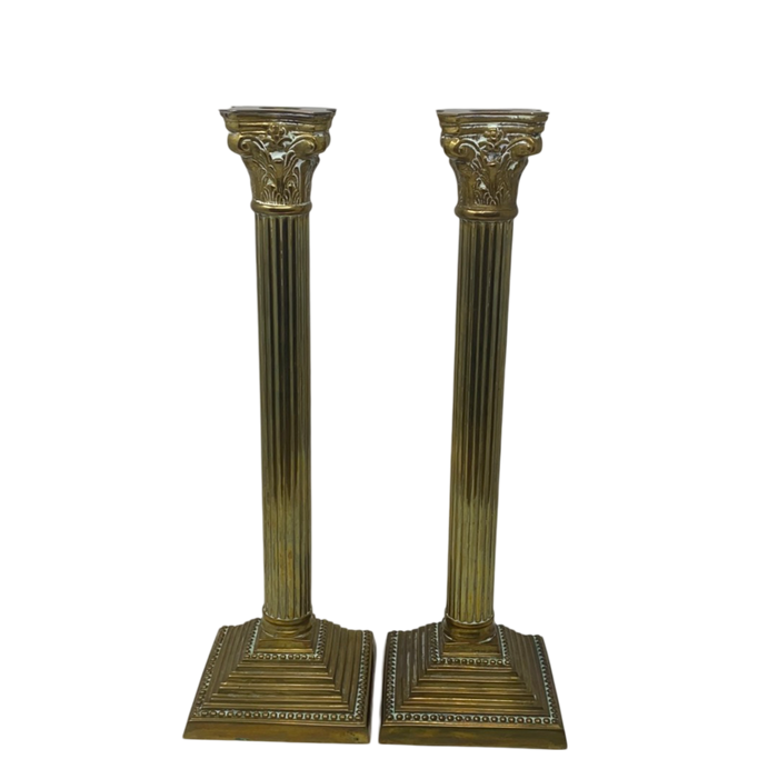Pair of 14.5" Brass Corinthian Column Candlesticks