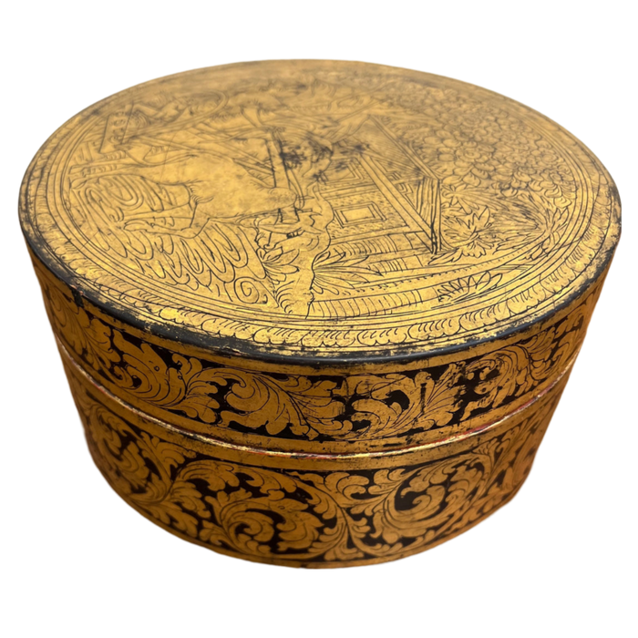 9" Asian Gold Leaf & Black Round Box