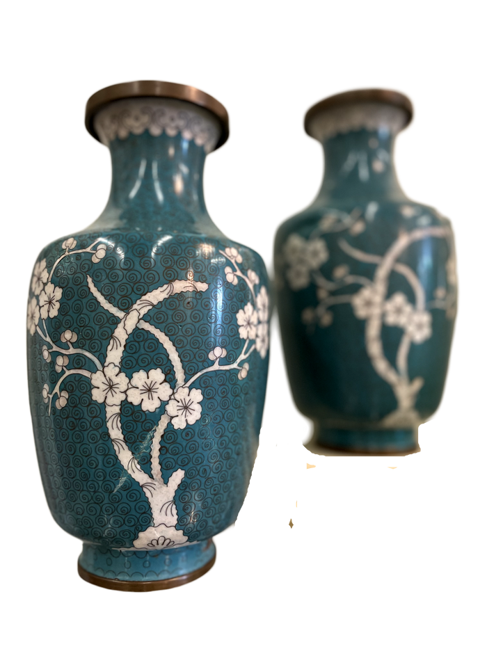 Pair of Turquoise & white Dogwood 10" Cloisonne Vases