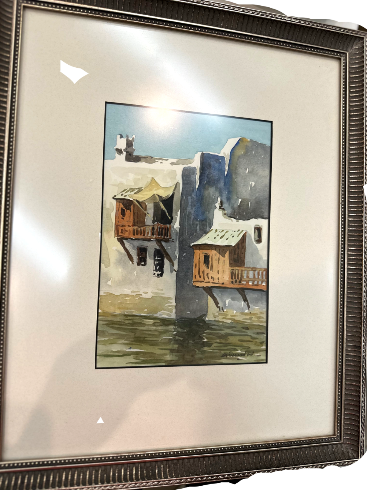 Pair of Coastal Village Scenes Watercolors in Greece Framed & Signed