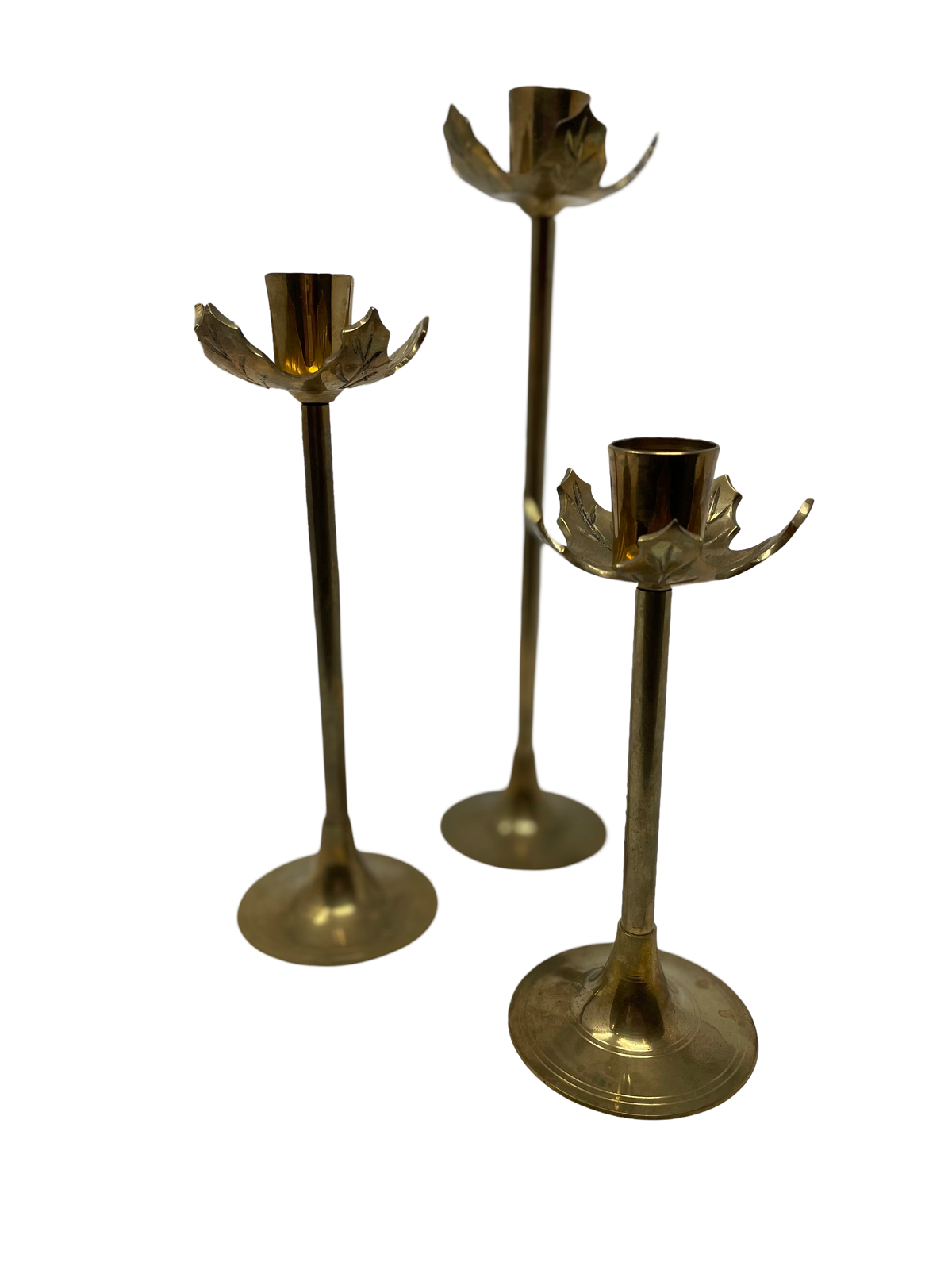 Set of 3 Brass Leaf Motif Candlesticks