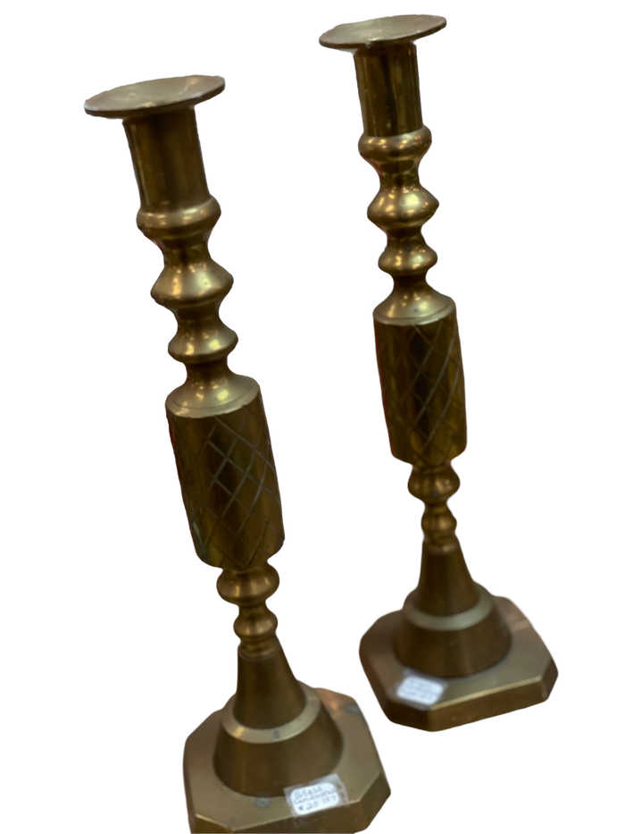 Pair of 12" Brass Criss-Cross Etched Candlesticks