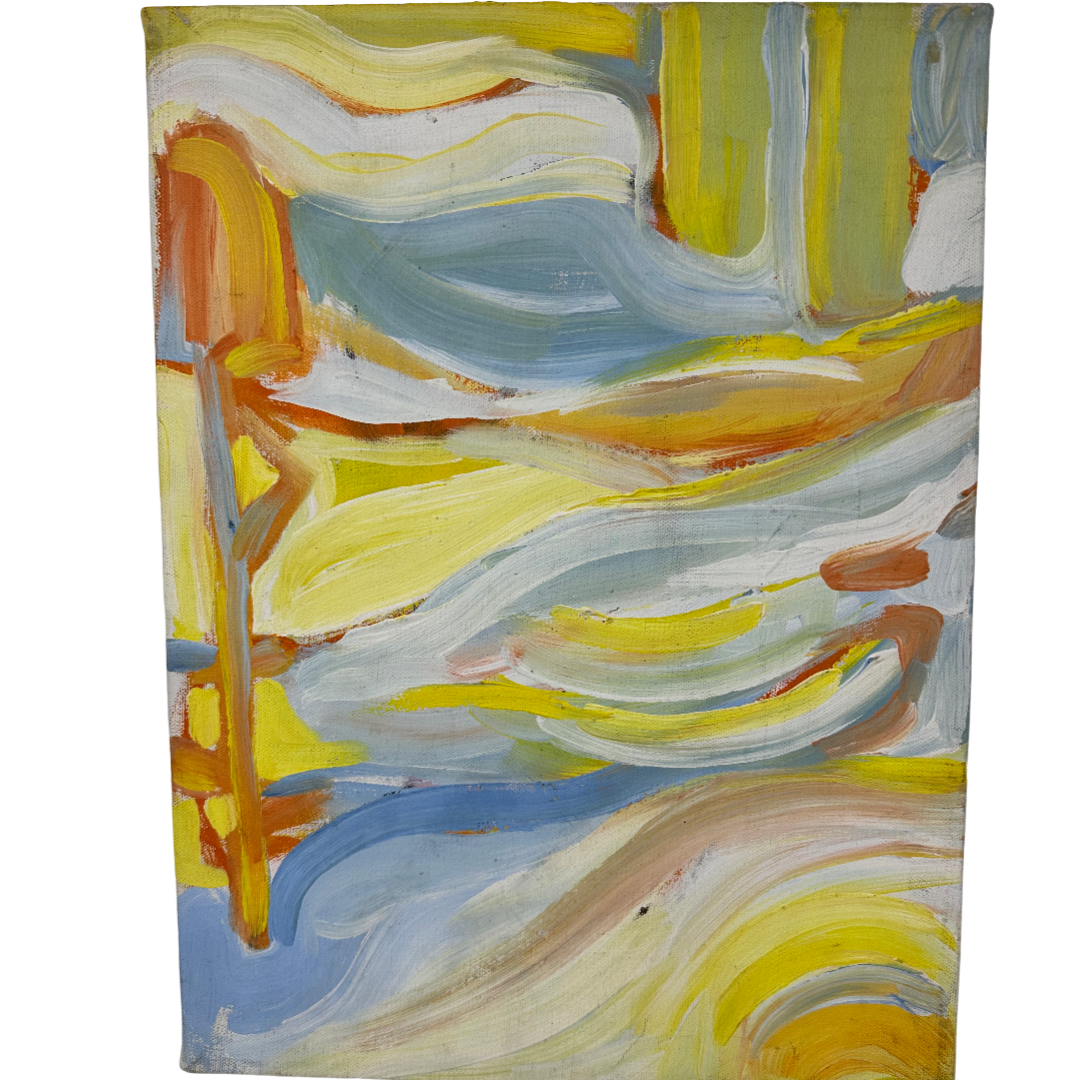 Coral, blue, & yellow abstract oil painting