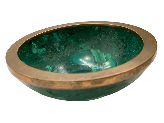 vintage solid malachite 4.5" bowl w/ brass rim