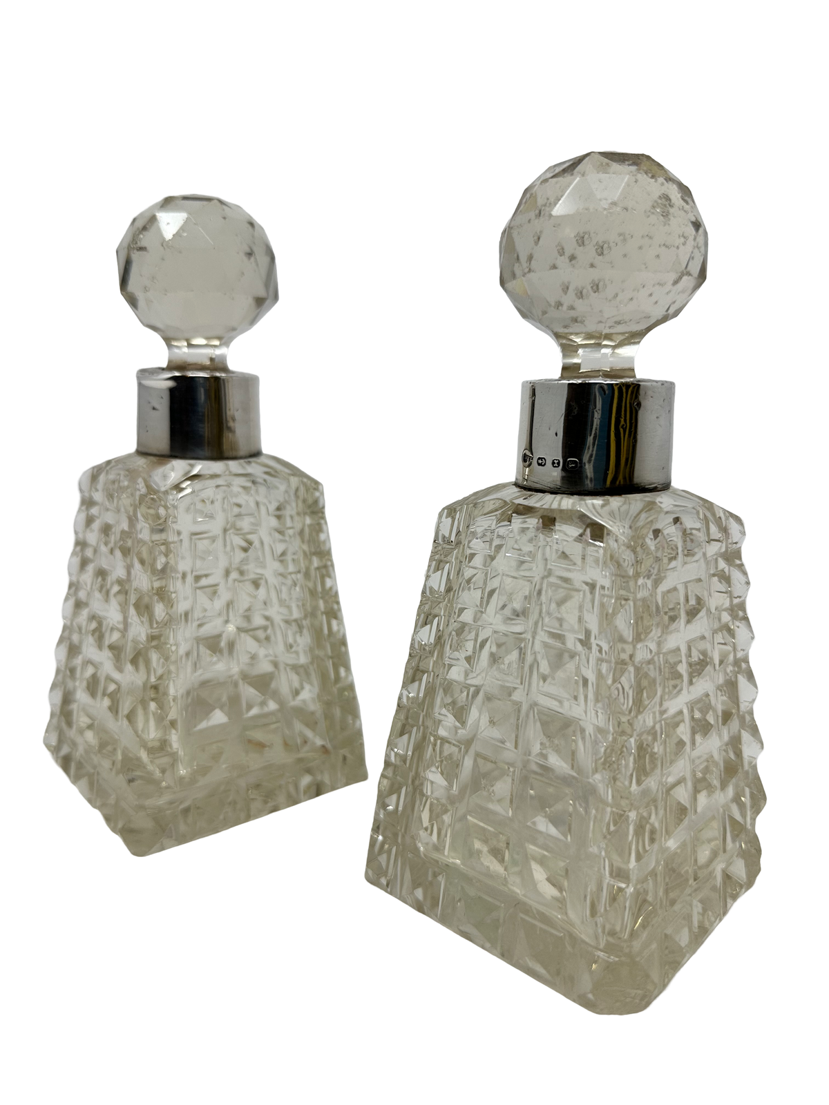 Pair of Faceted Crystal Perfume Bottles w/ Sterling Rims