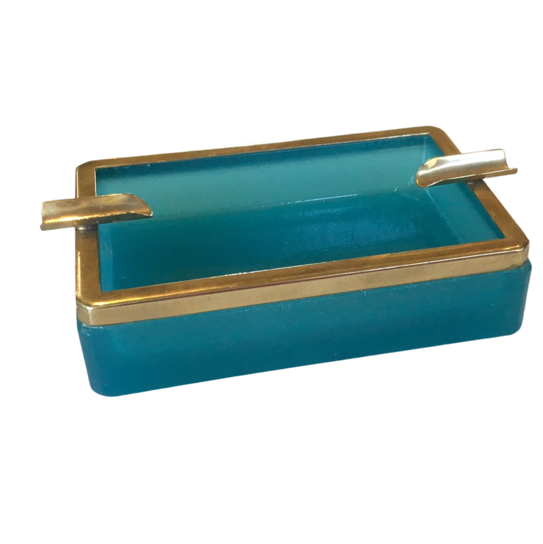 Turquoise Murano Opaline rectangular ashtray with brass trim