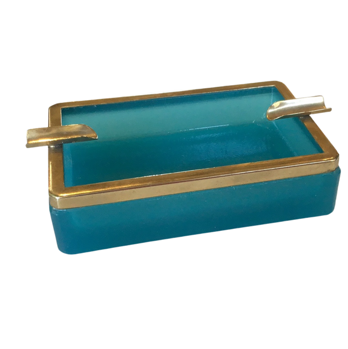 Turquoise Murano Opaline rectangular ashtray with brass trim