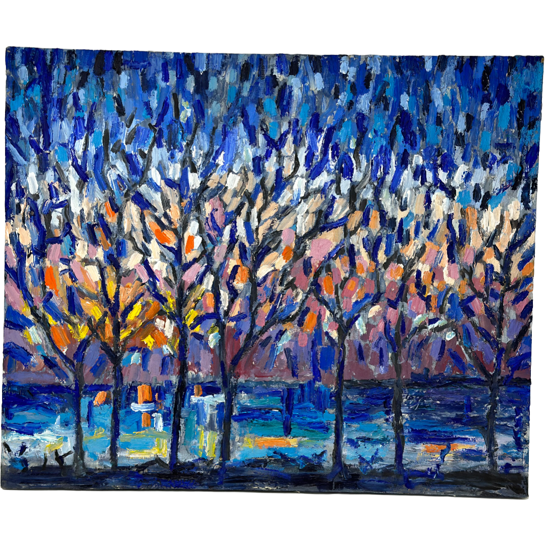 Trees w/ Pink Leaves in blue/purple background oil painting