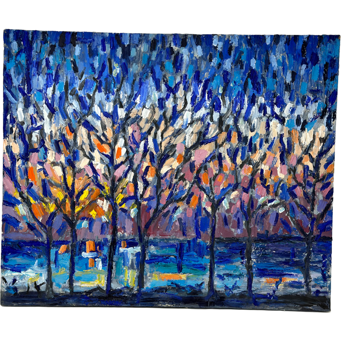 Trees w/ Pink Leaves in blue/purple background oil painting