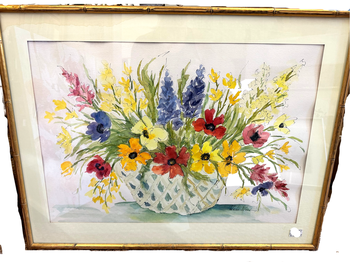 Floral Still Life Watercolor & Ink Painting in Gold frame, signed