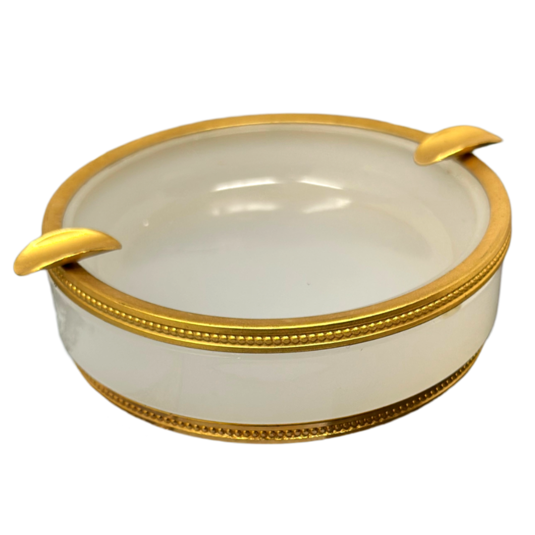 White Opaline Round Ashtray w/ Gilt Bronze