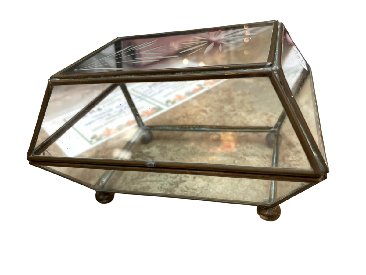 Vintage Brass & Glass Hinged Box w/ Fower Etching